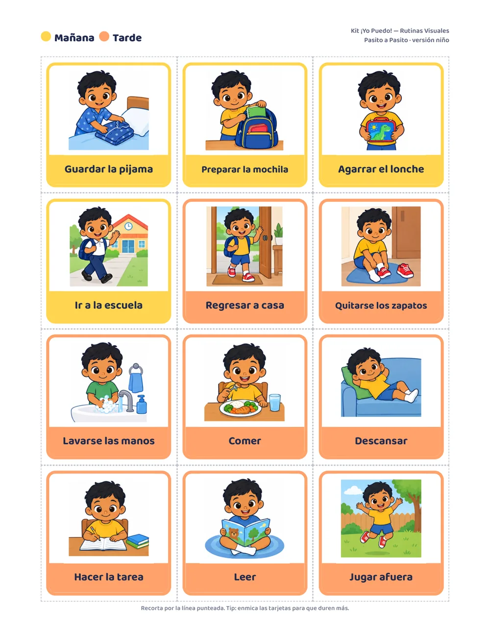 Hoja de tarjetas de la tarde, versión niño