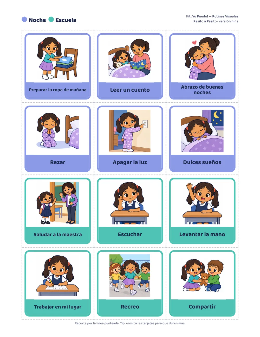 Hoja de tarjetas de noche y escuela
