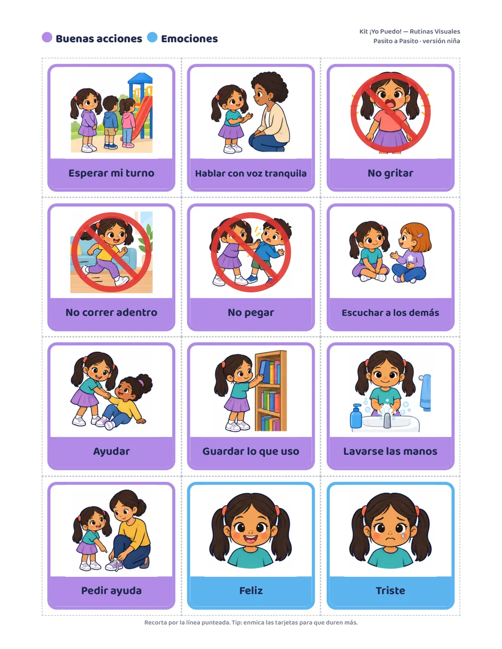 Hoja de tarjetas de buenas acciones y emociones