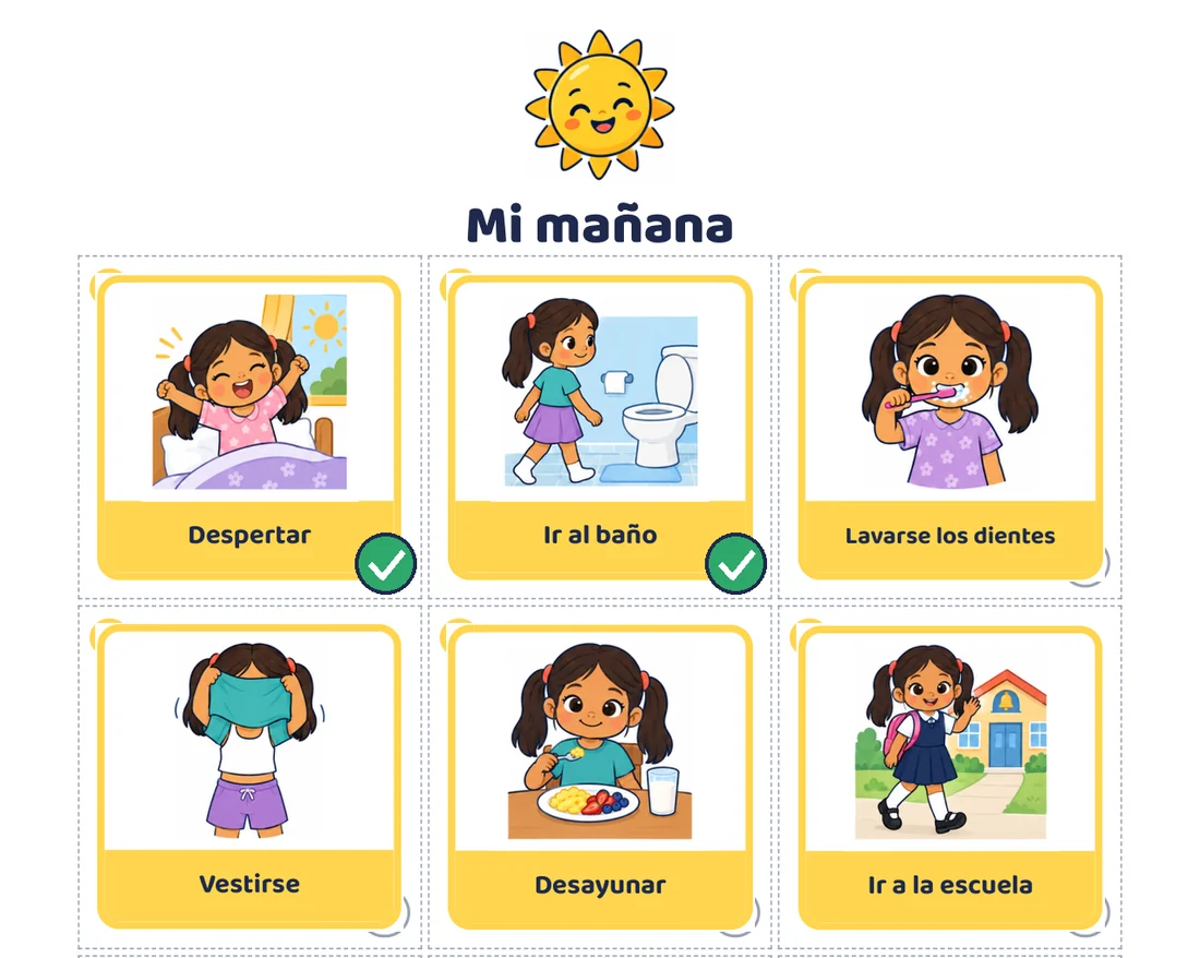 Tablero «Mi mañana» del kit con seis tarjetas pegadas: despertar, ir al baño, lavarse los dientes, vestirse, desayunar e ir a la escuela